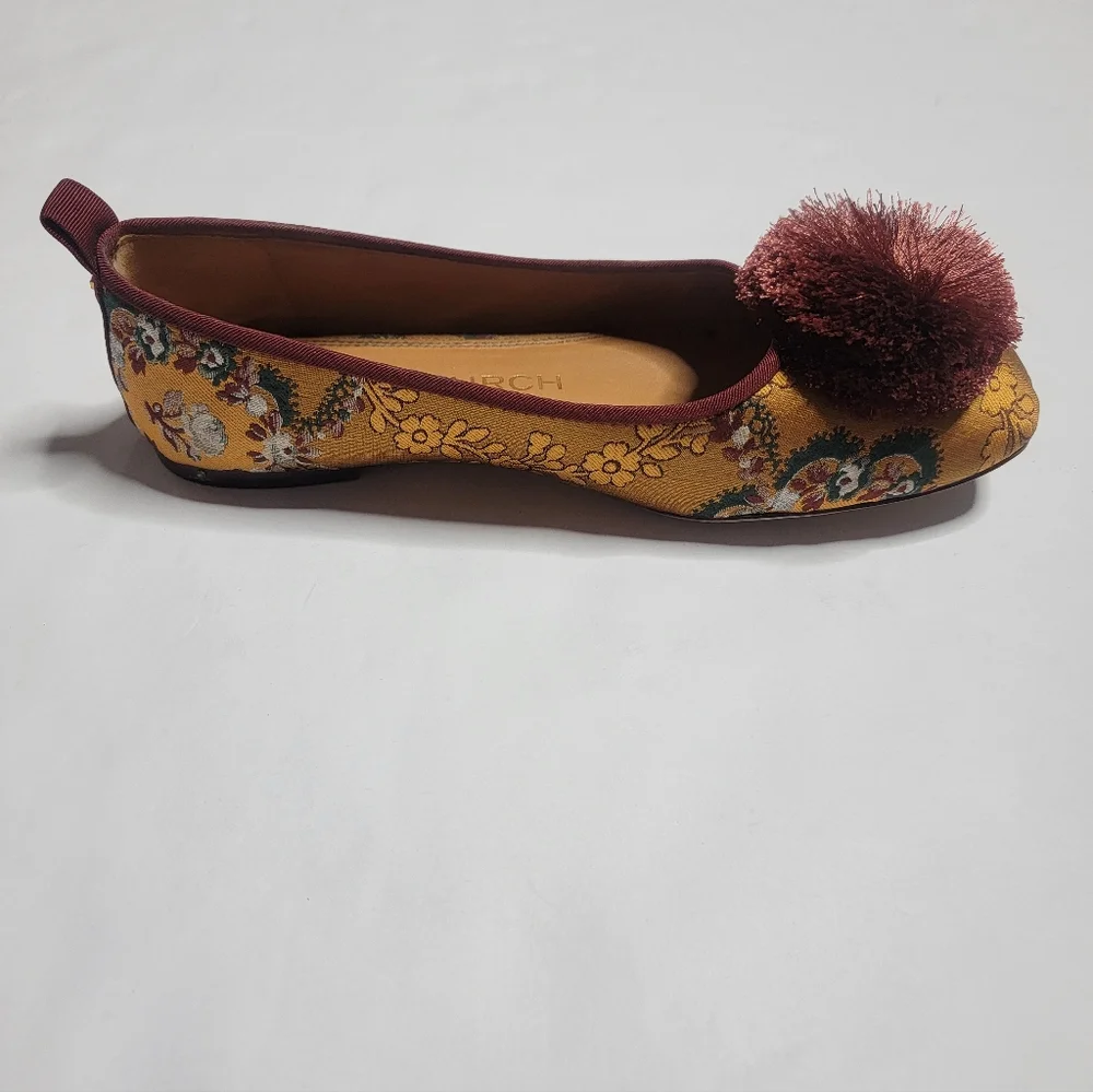 ✨ Tory Burch Pom Pom Ballet Flats Size 7M Floral Brocade Leather Sole